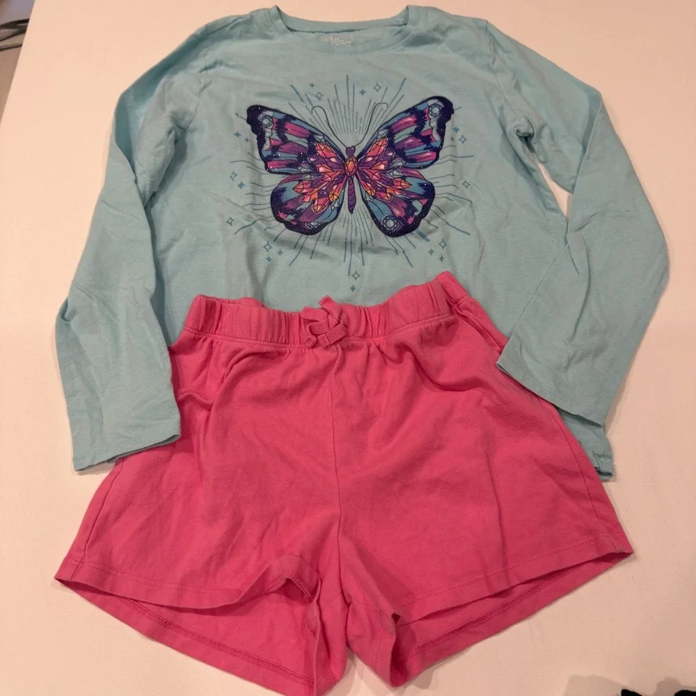 Girls 10/12 Children's Place Butterfly Graphic Top Pink Shorts Outfit 2pc